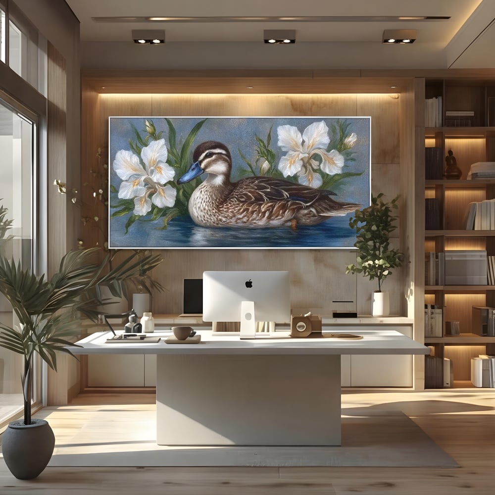 Tablou canvas cu tablou canvas cu rata si crini albi, in rama de aluminiu argintiu, pe perete intr-un birou